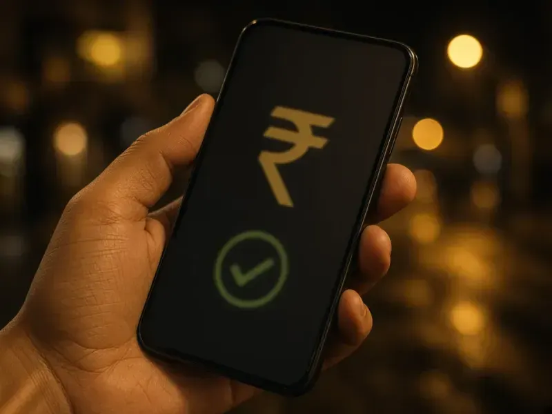 Phone in a hand with a rupee payment confirmed