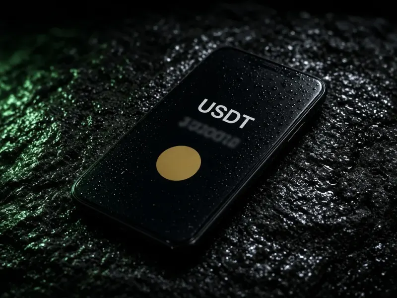 Phone on wet stone showing a USDT transfer